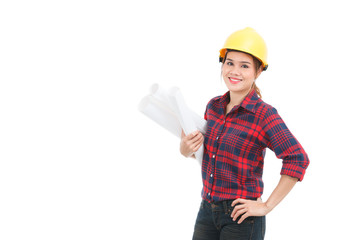 Asian engineer woman with blueprints isolated on white backgroun