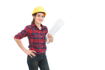 Asian engineer woman with blueprints isolated on white backgroun