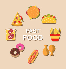  Set Fast Food Flat Icons with Shadows