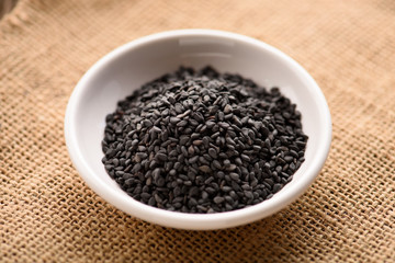 black Sesame close up shot on sack background