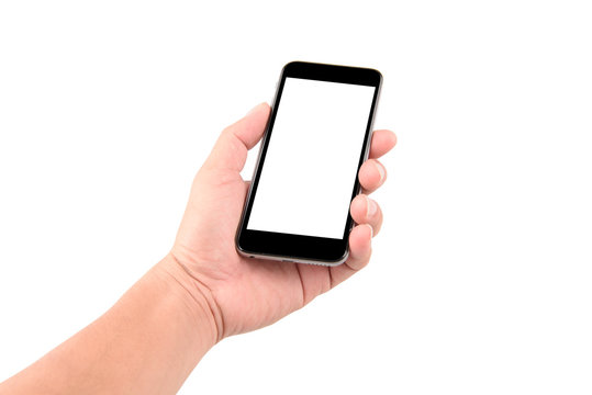 Isolated female hand holding a phone with white screen