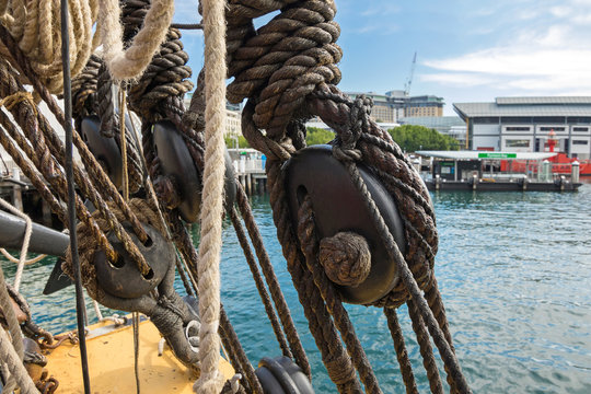 Closeup of Node, triple deadeyes and thick ropes on the ship at Sydney Harbour in New South Wales, Australia