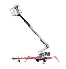 Wheeled articulated boom lift with telescoping boom and basket