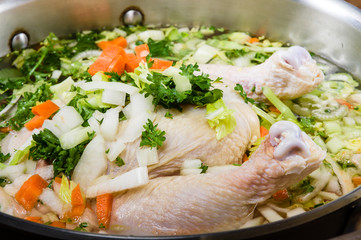 Chicken soup ingredients in cook pot