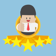 Businessman thumbs up with five star rating