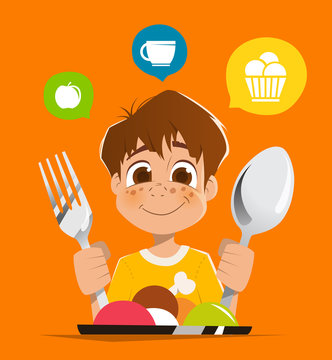 Boy Kid Child Holding Spoon And Fork Eating Meal Dish