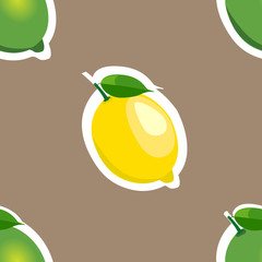 Seamless pattern with lemons and limes with leaves. Brown background.