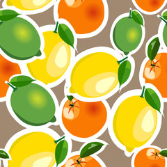 Seamless pattern with lemon, orange, lime stickers. Fruit isolated on a brown background
