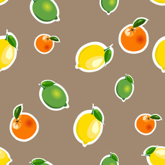 Seamless pattern with lemon, orange, lime. Fruit isolated on a brown background