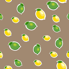 Seamless pattern with small lemons and limes with green leaves. Brown background.