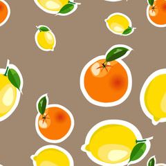 Seamless pattern with lemon, orange stickers. Fruit isolated on a brown background