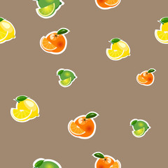 Seamless pattern with small lemon, orange, lime with slices. Fruit isolated on a brown background