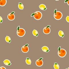 Seamless pattern with small lemon, orange stickers. Fruit isolated on a brown background