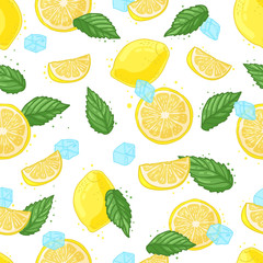 Seamless pattern with decoration of fresh lemons, lemon slices, ice and mint. The background to the Ingredients for summer lemonade