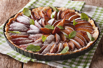 Plum cake with mint and powdered sugar in baking dish close up. horizontal
