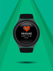 Smart watch isolated. Computer new technology. Cartoon and flat style. Vector Illustration. Green background. Light effect.