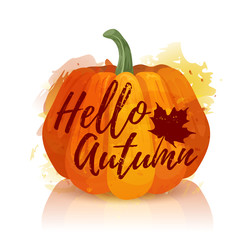 Logo, symbol, icon Hello Autumn. Design a banner for the autumn holidays with the decor of red pumpkin. Poster Hi autumn with pumpkin watercolor texture and silhouette of the maple leaf. Vector