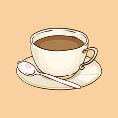 Cup of coffee or black tea with saucer and teaspoon. Vector hand drawn illustration