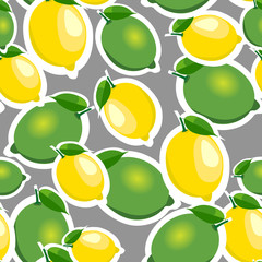 Seamless pattern with big lemons and limes with leaves. Gray background.
