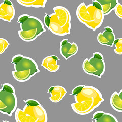 Seamless pattern with lemons and limes with leaves and slices stickers. Gray background.