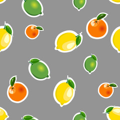 Seamless pattern with lemon, orange, lime. Fruit isolated on a gray background