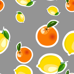Seamless pattern with lemon, orange stickers. Fruit isolated on a gray background