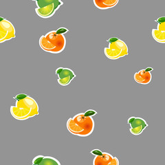 Seamless pattern with small lemon, orange, lime with slices. Fruit isolated on a gray background