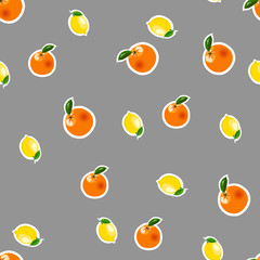 Seamless pattern with small lemon, orange stickers. Fruit isolated on a gray background