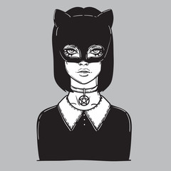 Beautiful Cat Woman with the Carnival mask. Gothic girl in a mask of a black cat. linear illustration. occult illustration