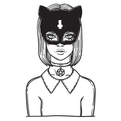 Beautiful Cat Woman with the Carnival mask. Gothic girl in a mask of a black cat. linear illustration. occult illustration