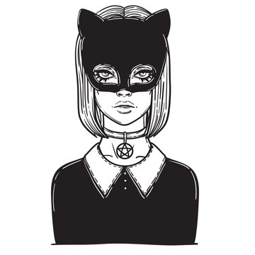 Beautiful Cat Woman with the Carnival mask. Gothic girl in a mask of a black cat. linear illustration. occult illustration