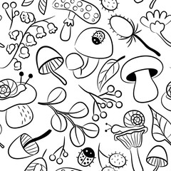 Nature seamless pattern with mushroom, ladybird, snail, flower a