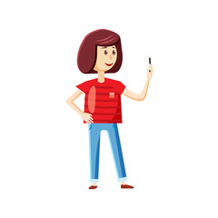 Standing girl taking selfie photo icon in cartoon style on a white background