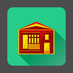 Little red house icon in flat style with long shadow