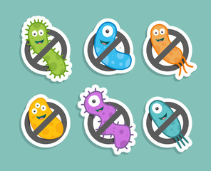 Antibacterial sign with colorful bacteria. Isolated vector illustration.
