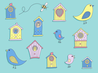 A set of cute bird houses and birds
