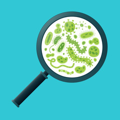 Green germs and magnifying glass on a turquoise background
