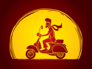 Man riding scooter designed on moonlight background graphic vector.