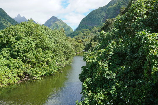 Tahiti iti landscape, the river and valley Vaitepiha with mountains in background, French Polynesia