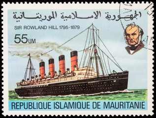 Old steamship with portrait of Sir Rowland Hill on postage stamp