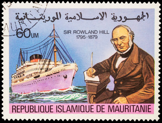 Big passenger ship with portrait of Sir Rowland Hill on postage