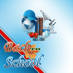 Back to school design, background with school supplies and 3d text ; Vector illustration