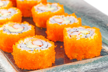sushi japanese food, rice with flying fish roe