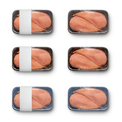 6 unopened packs of 2 raw chicken fillet isolated on white background, different box colors, with and without label