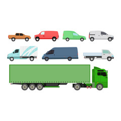 Different car vehicle transport type design sign technology vector. Generic car different design flat vector illustration isolated on white. Pickup, sedan, bus or truck van and other car vehicle