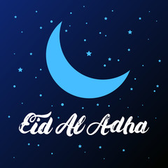 Obraz na płótnie Canvas Eid Al Adha hand written calligraphy lettering with moon and stars. Lettering composition of muslim holy month with moon and stars. Vector illustration.