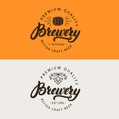 Brewery hand written lettering logo, label, emblem for beer house, bar, pub, brewing company, brewery, tavern. Vector illustration.