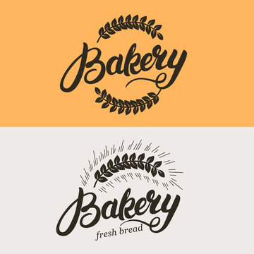 Set of bakery and bread logo. Wheat ears. Hand written lettering calligraphy logotype, badge, label, emblem. Vector illustration.