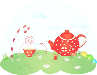 Cartoon cute candy land and teapot house, vector illustration 