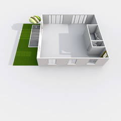 3d interior rendering perspective view of empty paper model home apartment with green garden